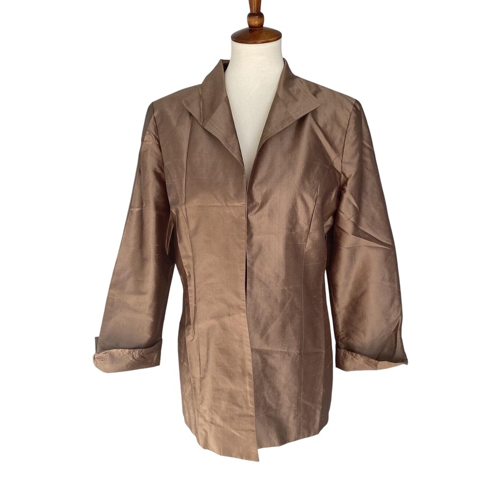 Vtg M.X.I. Women 10 Cardigan Blazer Long Sleeve 100% Silk Brown Lining